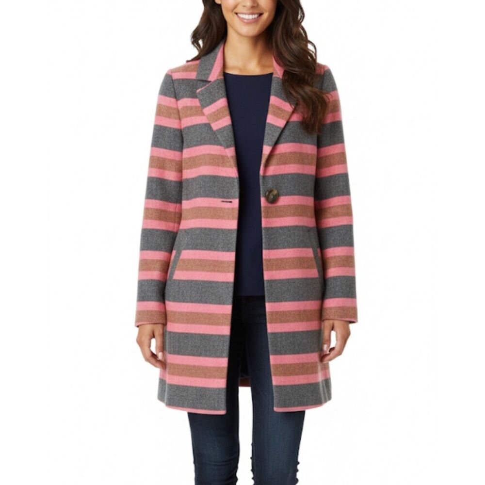 Boden Women's Pink Navy Brown Striped Cotton Linen Blend Coat Size 2